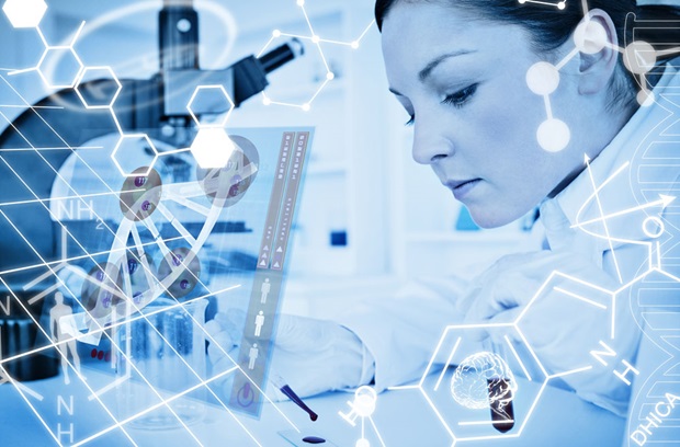 Collage of cell diagrams with a scientist and microscope