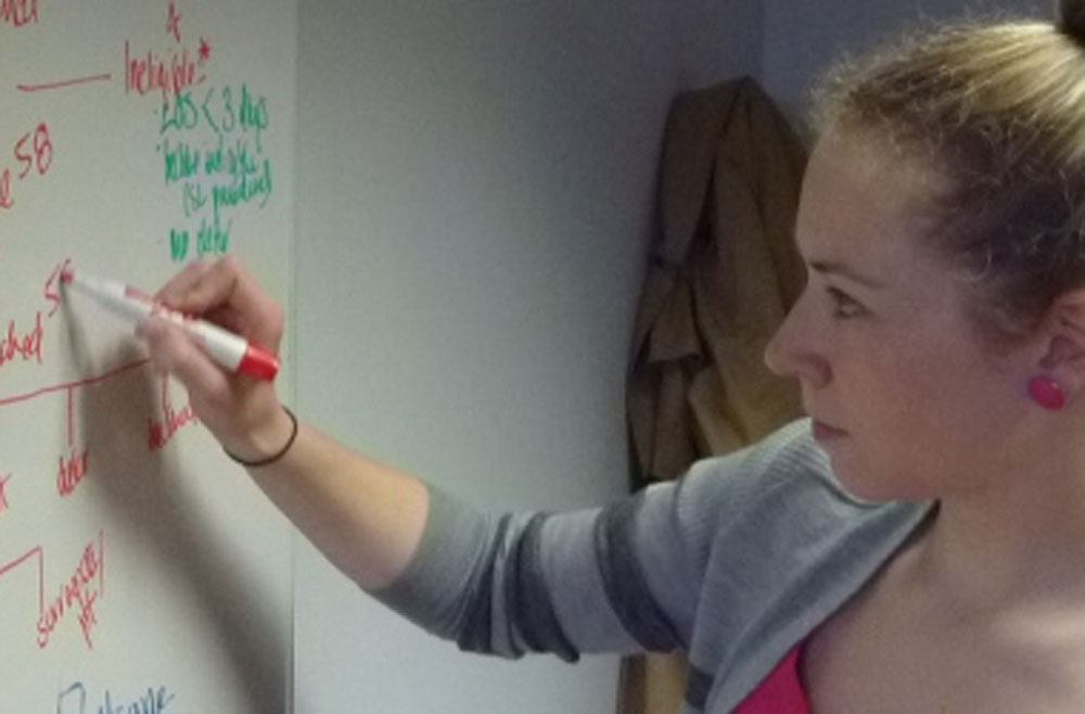 Fellow writing on whiteboard