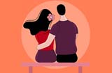 two animated people snuggling up on a bench