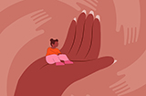 large hand holding person up