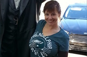 Chiara after weight-loss surgery in Eagles football shirt