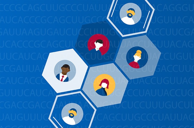 Illustration of DNA with different human faces inside