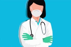 Illustration of physician wearing an N95 mask and PPE
