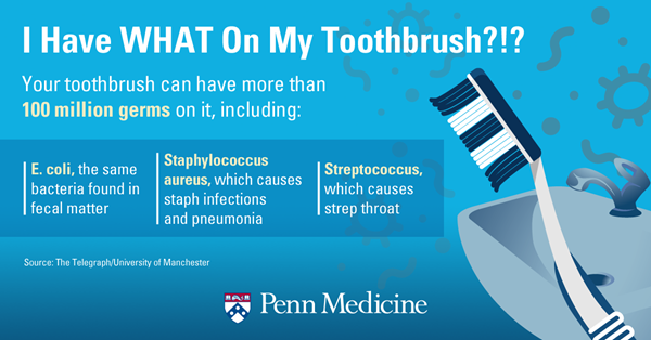 blue infographic shows a toothbrush and explains how 100 million germs can be on your toothbrush including e.coli, staphylococcus aureus, and streptococcus