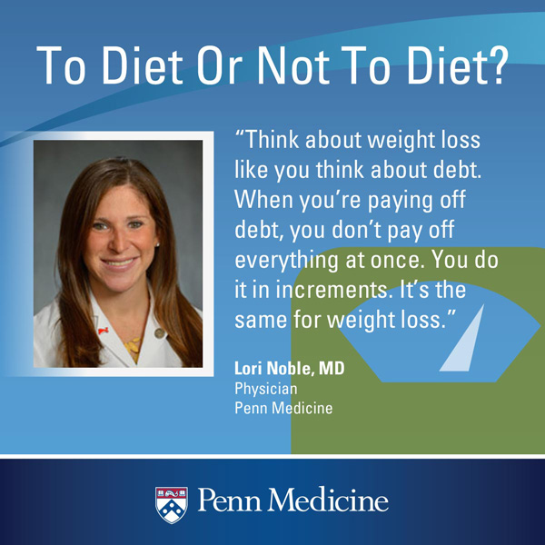 an infographic of a quote from Dr. Lori Noble that reads: think about weight loss like you think about debt. When you're paying off debt, you don't pay off everything at once. You do it in increments. It's the same for weight loss"