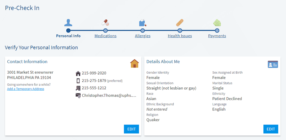 Screen shot of Pre-Check In page